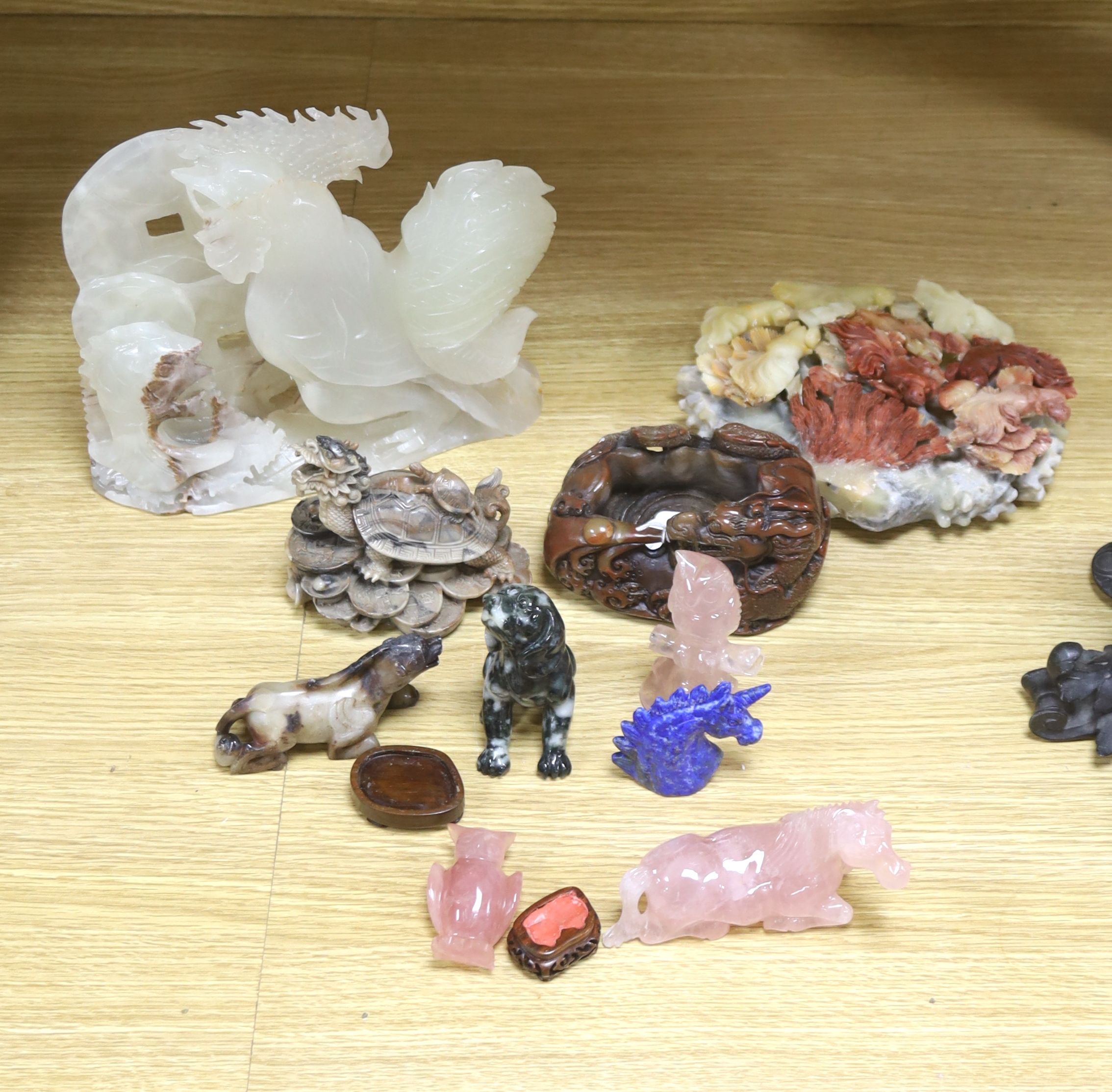 A quantity of Chinese carved hardstone and soapstone animals / creatures